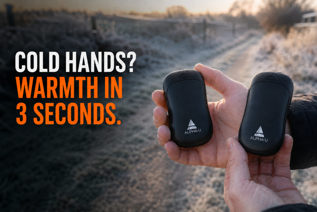 Alpha-U rechargeable heated hand warmers held outdoors on a cold frosty morning